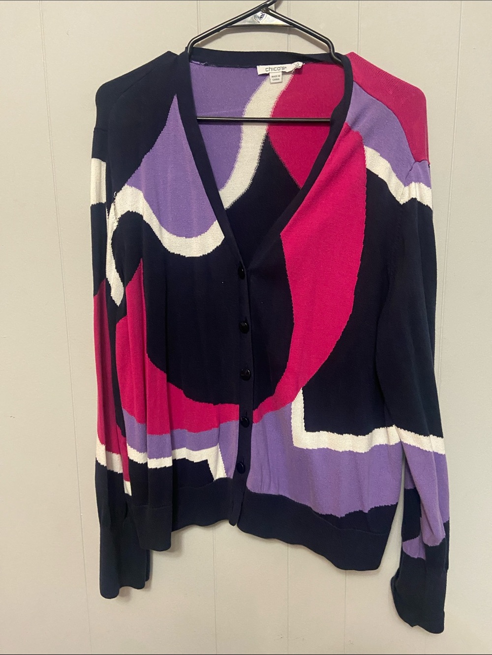 Flawed Chico's Navy blue, Magenta & Lavender Abstract Button-Front Cardigan.